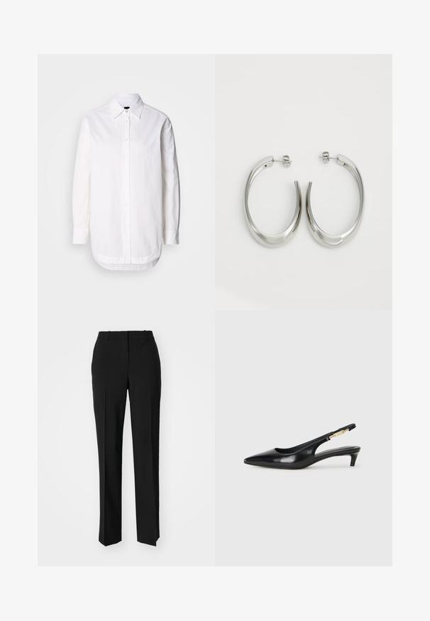 Witte button-up shirt met een kraag, lange mouwen en een ronde onderrand. Gemaakt van katoen met een gladde textuur en subtiele stikseldetails.; Zwarte op maat gemaakte broek met een recht model, voorzien van een soepele textuur en scherpe plooien aan de voorkant. Geen zichtbare hardware.; Zwarte leren slingback hakken met een spitse neus, voorzien van een slanke hak en een goudkleurige accent op de verstelbare band. Gladde textuur.; Zilveren oorringen met een gladde, gebogen vorm. Voorzien van een glanzende metallic afwerking en studsluiting. Geen zichtbare patronen of accenten.
