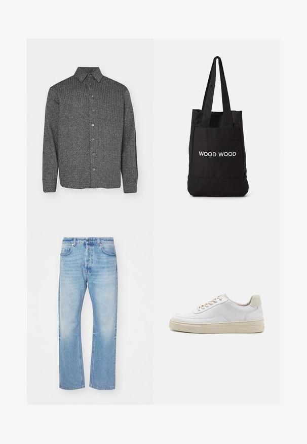 Long-sleeve button-up shirt in black and gray with a textured diamond pattern, featuring a pointed collar and five front buttons.; Light blue denim jeans with a straight leg design. Features subtle fading, a button closure, and five-pocket styling with a classic waistband.; White sneaker featuring a smooth leather upper, beige laces, and a textured beige suede heel tab. Elevated sole for added height.; Black tote bag made of canvas, featuring two sturdy handles and a front pocket. The bag displays the text "WOOD WOOD" in white lettering.