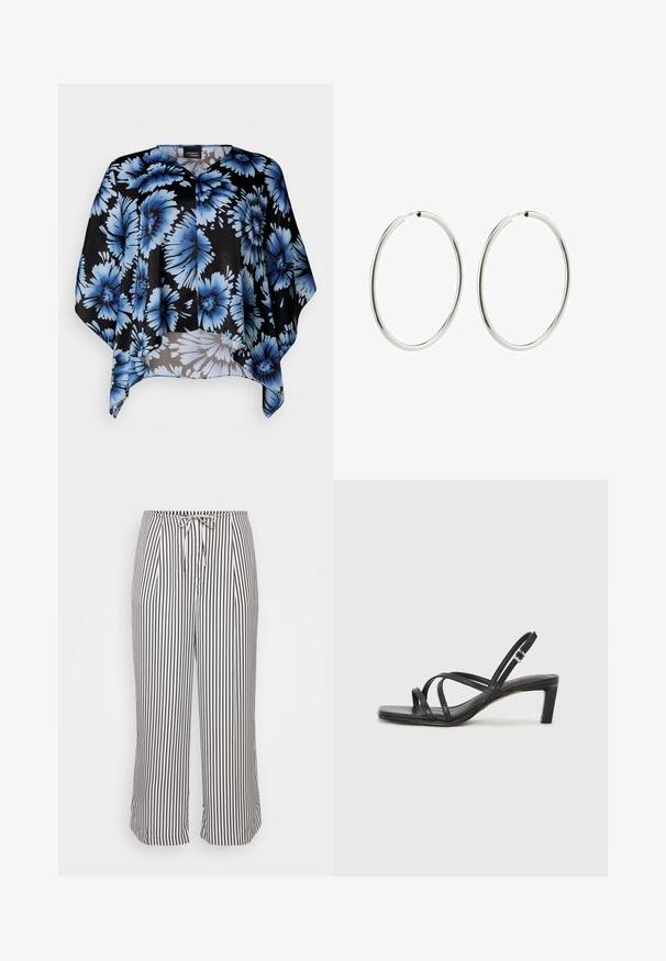 Juoda gėlėta apsiaustas su didelėmis mėlynomis gėlėmis, minkšta medžiaga, laisvas siluetas ir V formos iškirptė. Akcentai su sklandžia tekstūra ir plazdančiu pavidalu.; Suknelės kelnes su raišteliu juosmenyje, su vertikaliomis mėlynomis ir baltomis juostelėmis, pateiktos ant baltos fono.; Juodi šlepetės su kvadratiniu pirštu ir žemu bloku kulnu. Yra keli ploni dirželiai ir reguliuojamas kulkšnies diržas. Pagaminti iš lygios odos.; Sidabriniai auskarai su lygiu, blizgiu paviršiumi. Apskritimo forma, vienodas plotis, sukurti lengvam užsegimui. Paprasti ir elegantiški.