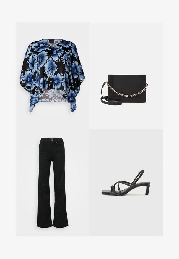 Juoda gėlėta apsiaustas su didelėmis mėlynomis gėlėmis, minkšta medžiaga, laisvas siluetas ir V formos iškirptė. Akcentai su sklandžia tekstūra ir plazdančiu pavidalu.; Juodos plačios džinsinės kelnės, pagamintos iš denimo, su aukštu liemeniu, penkiomis kišenėmis ir metaliniu sagčių uždarymu. Lygi tekstūra su minimaliu dekoravimu.; Juodi šlepetės su kvadratiniu pirštu ir žemu bloku kulnu. Yra keli ploni dirželiai ir reguliuojamas kulkšnies diržas. Pagaminti iš lygios odos.; Juodas odinis per petį nešiojamas krepšys turi lygų paviršių, stačiakampio formą ir metalinę grandinėlę priekyje. Pridedama reguliuojama dirželis.; Sidabrinis dvigubas žiedas su lygiu, poliruotu paviršiumi. Pasižymi sklandžiu, kreiptu dizainu su persipinančiomis dalimis, suteikiančiomis modernų išvaizdą.