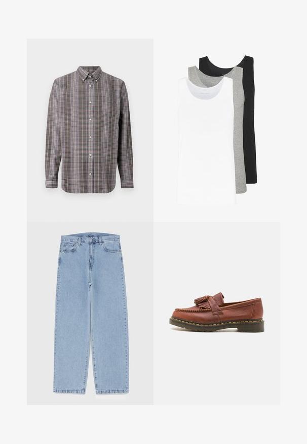 Langarm overhemd met een bruine, witte, blauwe en paarse ruitpatroon en een borstzak op een witte achtergrond.; Drie tanktops in wit, grijs en zwart. Elke tanktop heeft een klassiek mouwloos ontwerp, gemaakt van lichtgewicht katoen met een ribbelstructuur.; Lichtblauwe denim jeans met een recht model, voorzien van een middelhoge taille, vijf zakken en een knoop- en ritssluiting.; Bruine leren mocassin met franjeraccenten, een gestructureerd oppervlak en contrasterende gele stiksels langs de zwarte rubberen zool. Zijaanzicht.