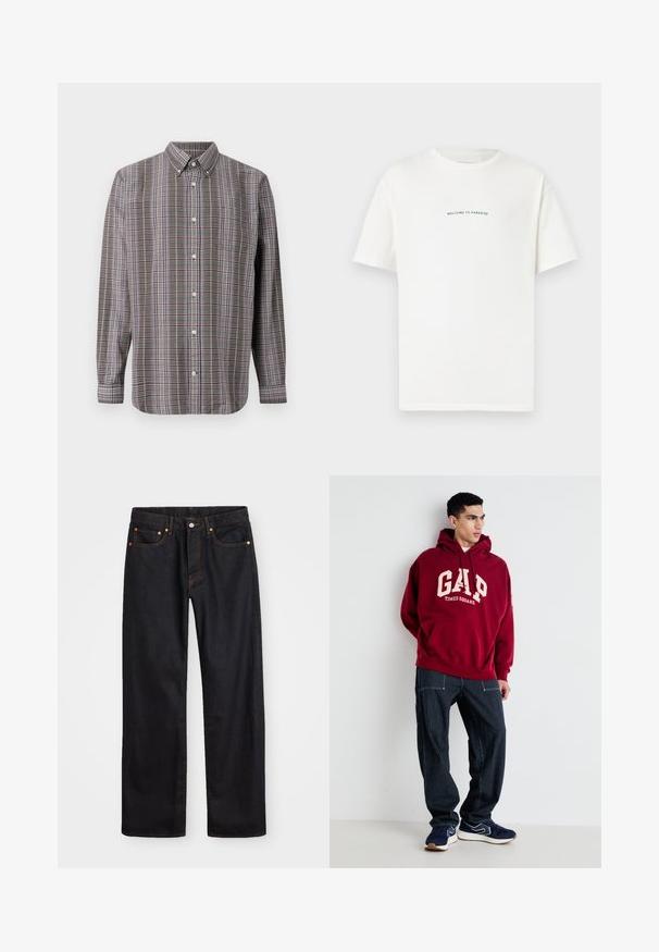 Košile s dlouhým rukávem na knoflíky s hnědým, bílým, modrým a purpurovým kostkovaným vzorem a s přední kapsou na bílém pozadí.; Bílý bavlněný tričko s krátkým rukávem a kulatým výstřihem. Uprostřed je napsáno "VÍTÁME V RÁJI" křivým zeleným písmem.; Pánské černé džíny rovného střihu s pěti kapsami a oranžovým prošíváním, s knoflíkem a zipem na předním pásku.; Bordová mikina s kapucí se nápisem "GAP" a "TIMES SQUARE" potisknutým v krémové barvě, doplněná námořnickými pruhovanými kalhotami a námořnickými teniskami s bílými detaily.