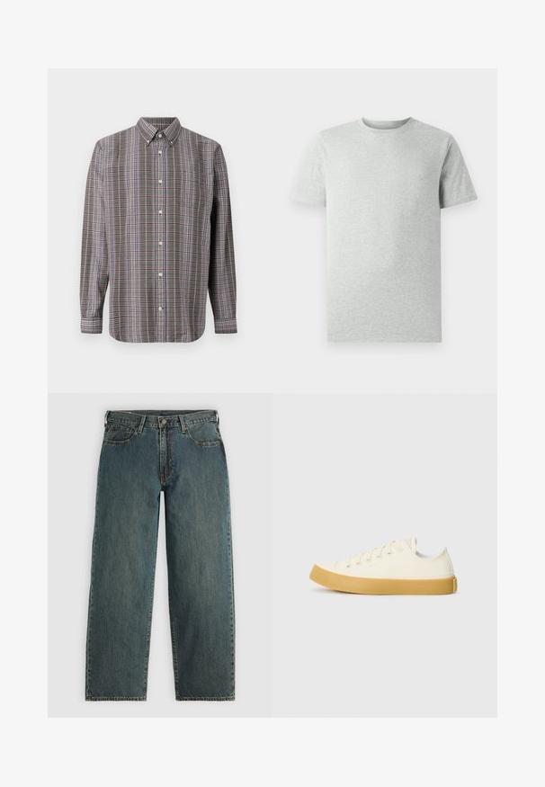 Camisa de botão de mangas compridas com padrão xadrez castanho, branco, azul e roxo, com um bolso na frente, sobre um fundo branco.; T-shirt de manga curta de cor cinza claro, com decote redondo, exibido sobre um fundo branco, vista frontal, sem logótipos ou designs visíveis.; Jeans de denim de perna reta em azul escuro com fecho de botão e ziper, bolsos frontais e passadores de cinto em um fundo cinza claro.; Sapatilhas de tela em off-white com biqueira redonda, apresentando solas de borracha bege e cinco ilhós para atacadores, acabamento texturizado na parte superior.