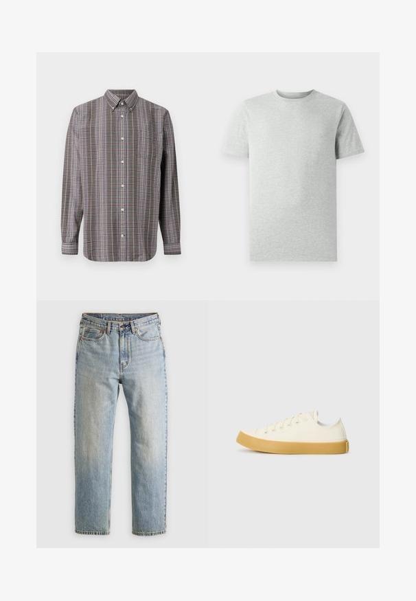 Langärmliges Hemd mit Knopfleiste im karierte Muster aus Braun, Weiß, Blau und Lila sowie einer Brusttasche auf einem weißen Hintergrund.; Ein einfarbiges, hellgraues T-Shirt mit kurzen Ärmeln und Rundhalsausschnitt, auf einem weißen Hintergrund, Frontansicht, ohne sichtbare Logos oder Designs.; Helle blaue Jeans mit hoher Taille, Frontknopf, Reißverschluss und fünf Taschen-Design, flach auf einem neutralen Hintergrund ausgelegt.; Leinensneaker in Off-White mit runder Zehenpartie, ausgestattet mit beigen Gummisohlen und fünf Ösen für Schnürsenkel, mit strukturiertem Finish auf dem Obermaterial.