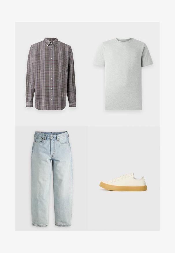 Langärmliges Hemd mit Knopfleiste im karierte Muster aus Braun, Weiß, Blau und Lila sowie einer Brusttasche auf einem weißen Hintergrund.; Ein einfarbiges, hellgraues T-Shirt mit kurzen Ärmeln und Rundhalsausschnitt, auf einem weißen Hintergrund, Frontansicht, ohne sichtbare Logos oder Designs.; Hellblaue Jeans aus Denim mit geradem Bein, fünf Taschen und einem Knopfverschluss; mit verblassten Bereichen und dezenten Nähdetails.; Leinensneaker in Off-White mit runder Zehenpartie, ausgestattet mit beigen Gummisohlen und fünf Ösen für Schnürsenkel, mit strukturiertem Finish auf dem Obermaterial.