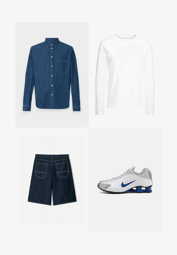 Tumman sininen farkkupaita, jossa on pitkät hihat, napitus edessä, kaulus ja yksi rintatasku. Ominaisuuksiin kuuluu sileä rakenne ja normaali istuvuus.; Pitkähihaista valkoista t-paitaa, joka on valmistettu pehmeästä puuvillasta. Pyöreä kaula-aukko, suorat helmat eikä näkyviä kuvioita tai grafiikoita.; Tummansiniset farkkushortsit, joissa on löysä malli ja kaksi takataskua, joissa on erottuva ommel. Suora leikkaus ja polvenpituinen muotoilu.; Nike juoksukengät, joissa on valkoinen ja harmaa päällinen, siniset yksityiskohdat, läpirei'itetty viimeistely, pehmustettu pohja ja ainutlaatuinen Shox-jousijärjestelmä.