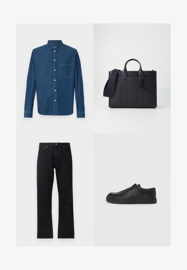 Tmavomodrá džínsová košeľa s dlhými rukávmi, zapínaním na gombíky, golierom a jednou náprsní kapsou. Má hladkú textúru a štandardný strih.; Čierne džínsy z denimu s rovnou nohavicou, s gombíkovým zapínaním, štýlom s piatimi vreckami a diskrétnymi detailmi prešívania.; Čierna kožená slip-on obuv s okrúhlou špičkou, prešívaním a čiernou gumovou podrážkou. Hladký povrch s minimalistickým dizajnom.; Tmavomodrá kožená aktovka s dvoma hornými uchami a odnímateľným popruhom. Disponuje textúrovaným povrchom, vertikálnym prešívaním a detailom loga.