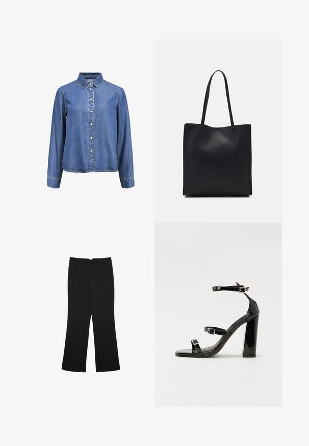 Denim skjorte med knapper, der har en klassisk krave, lange ærmer og hvide knapper foran. Blødt, textured blåt stof.; Sorte bukser med lige pasform, der har frontlommer og slidser i kanten. Lavet af blødt, glat stof. Velegnet til forskellige anledninger.; Sorte patenterede hælsandaler med firkantet tå, ankelremme og sølvspænder. Har en chunky blokHæl for stabilitet.; Sort læder tote taske med glat tekstur, rektangulær form og to lange hanke. Ingen synlig hardware eller udsmykninger.