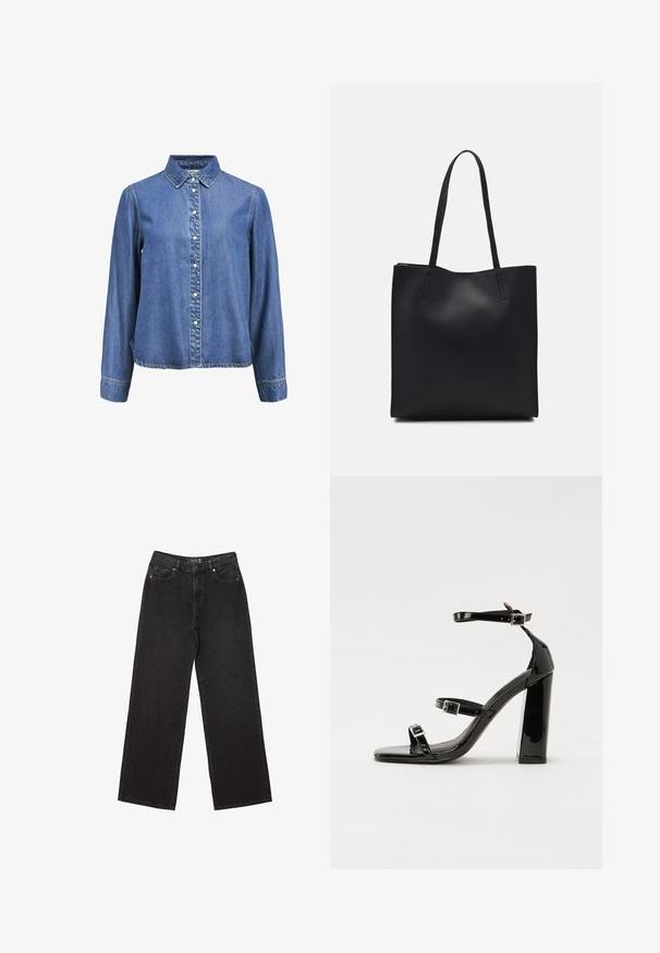 Denim košulja s dugim rukavima i klasičnim ovratnikom, s bijelim gumbima duž prednje strane. Mekana, teksturirana plava tkanina.; Crne široke traperice izrađene od denima, s malim točkastim uzorcima, klasičnim dizajnom s pet džepova i zatvaranjem na gumbe i zatvarač.; Crne lakirane sandale na pete sa kvadratnim nosom, trakama oko gležnja i srebrnim kopčama. Imaju čvrst blok petu za stabilnost.; Crna kožna torba za nošenje s glatkom teksturom, pravokutnim oblikom i dvije duge ručke. Nema vidljivih metalnih dijelova ili ukrasa.