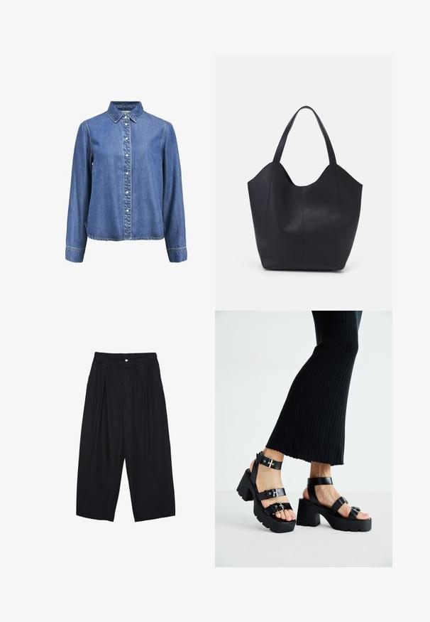 Camicia in denim con colletto classico, maniche lunghe e bottoni bianchi sul davanti. Tessuto blu morbido e testurizzato.; Pantaloni culotte neri in poliestere con una cintura elastica, due pieghe frontali e una silhouette ampia. Nessun motivo visibile o dettagli in metallo.; Sandali neri con piattaforma, suole chunky e tassellate, dotati di molteplici cinturini, con fibbie in metallo e un texture simile alla pelle liscia.; Borsa tote nera realizzata in pelle liscia, con una parte superiore curva e aperta, dotata di due manici per spalla e un design minimalista.