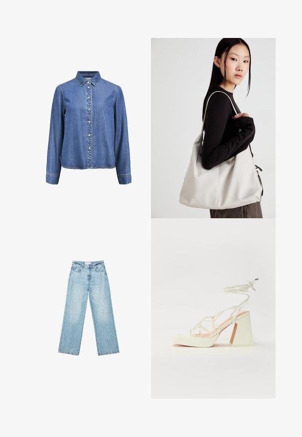 Denim-Hemd mit klassischem Kragen, langen Ärmeln und weißen Knöpfen auf der Vorderseite. Weicher, strukturierter blauer Stoff.; Helle blaue Denim-Jeans mit weitem Bein und hoher Taille, im lässigen Look mit einem ausgewaschenen Finish und kleinen, verstreuten Used-Effekten.; Weiße High-Heel-Sandale mit einem klobigen Absatz, die über ein Riemchendesign und ein Knöchelband verfügt. Glatte Textur mit einer Plattform vorne für zusätzliche Höhe.; Beige Handtasche aus weichem Material, mit einem lässigen Design, gesteppten Details und zwei Schulterriemen. Geeignet für den täglichen Gebrauch.