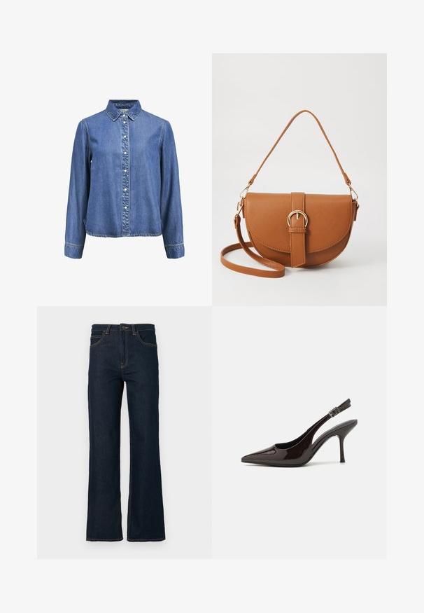 Denim button-up shirt featuring a classic collar, long sleeves, and white buttons along the front. Soft, textured blue fabric.; Dark blue straight-leg denim jeans with front pockets, belt loops, and a button closure at the waistband against a white background.; Slingback high-heeled shoe in glossy dark brown patent leather, pointed toe, open sides, and adjustable ankle strap.; Brown leather crossbody bag with a curved shape, gold hardware, and a buckle accent. Features a detachable shoulder strap.; Beaded headband featuring orange, green, and white patterns, with a smooth inner band and textured exterior. Round, curved shape.