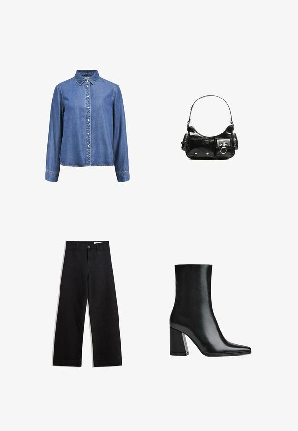 Camicia in denim con colletto classico, maniche lunghe e bottoni bianchi sul davanti. Tessuto blu morbido e testurizzato.; Pantaloni in denim neri a gamba larga con vita alta, dotati di tasche anteriori e posteriori, cuciture a punto, e chiusura con bottone. Texture liscia.; Stivali neri in pelle fino alla caviglia con punta affilata e tacco alto a blocco. Texture liscia con una silhouette elegante e un design di base solido.; Borsa a spalla in vernice nera con forma curvata, una tracolla, tasche frontali e dettagli in metallo argentato.