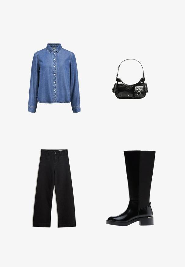 Denim button-up shirt featuring a classic collar, long sleeves, and white buttons along the front. Soft, textured blue fabric.; Black wide-leg denim pants with a high waist, featuring front and back pockets, stitched seams, and a button closure. Smooth texture.; Knee-high black leather boots with a glossy finish, square toe, block heel, and a side seam detail. Features a pull tab at the back.; Black patent leather handbag with a curved shape, one shoulder strap, front pockets, and silver-tone hardware accents.