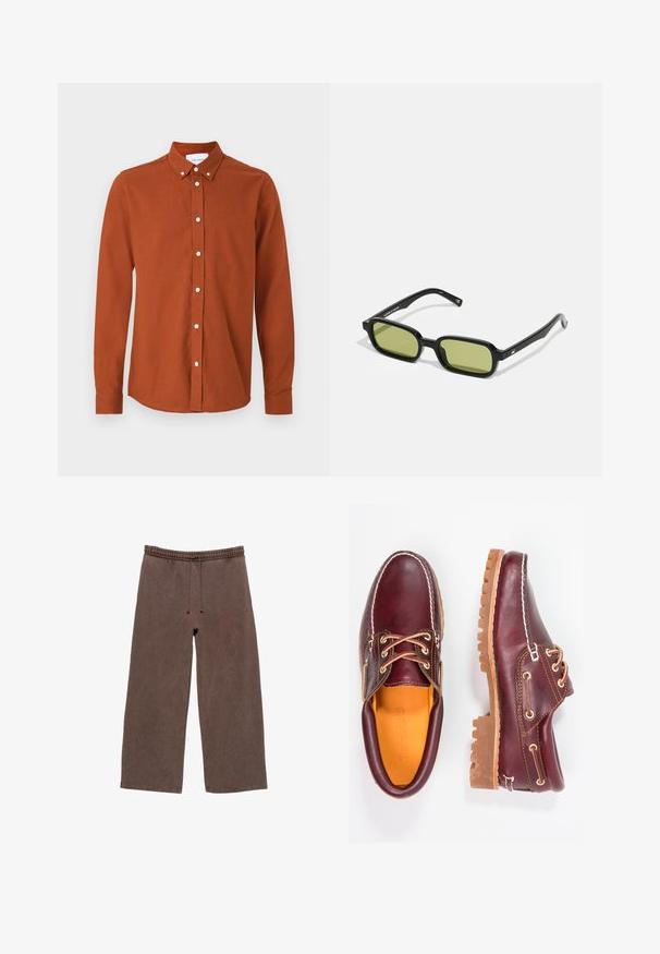 Košeľa s dlhým rukávom v hrdzavej farbe z textúrovanej látky, s golierom na zapínanie na gombíky, bielymi gombíkmi a jemne vyšitým logom.; Hnedé bavlnené tepláky s elastickým pásom, nastaviteľným šnúrkovým uzáverom, širokými nohavicami a minimálnymi švami.; Bordové kožené topánky s hnedými gumovými podrážkami, okrúhlou špičkou, bielym prešívaním a zlatými kovaniami. Interiér má žlté podšívku.; Čierne slnečné okuliare s ostrým dizajnom, zelenými sklami a hladkými plastovými rámami. Obsahujú zlaté akcenty na spánkoch.