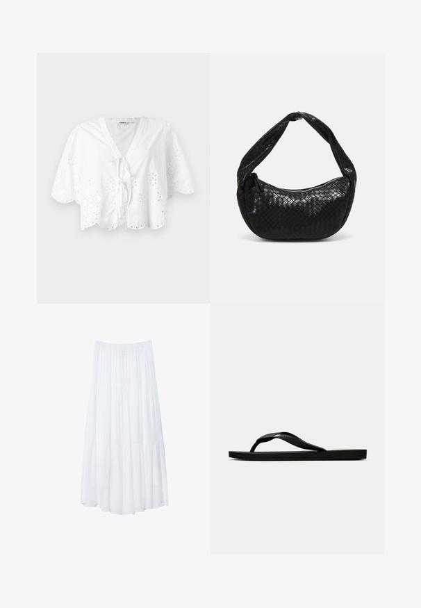 White blouse featuring a V-neck, short sleeves, and scalloped hem. Eyelet embroidery detail around the edges, with a tie closure at the front.; White, tiered maxi skirt made of lightweight fabric. Features an elastic waistband and flowing design with soft, subtle texture.; Black rubber flip-flop sandal with a textured thong strap and simple flat sole, shown from side on a plain light background.; Black woven leather handbag with a curved shape, featuring a thick handle and a zip closure. Textured surface with a glossy finish.