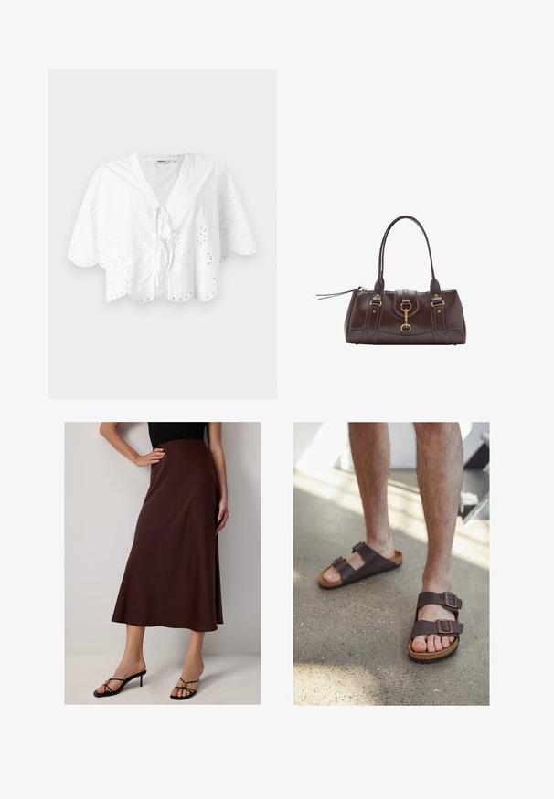 Blusa blanca con escote en V, mangas cortas y dobladillo con forma de ola. Detalle de bordado de ojal alrededor de los bordes, con un cierre de lazo en la parte delantera.; Falda de satén marrón, hasta la rodilla, con una silueta acampanada. Presenta una textura suave y un diseño de cintura alta, complementada con sandalias de tacón negro.; Sandalias de cuero marrón con dos hebillas ajustables, planta de corcho y suela de goma texturizada, usadas sobre pies descalzos contra un suelo de hormigón.; Bolso de cuero marrón oscuro con dos asas superiores, acentos en hardware dorado, un detalle de cierre frontal y texturas cosidas en los laterales.