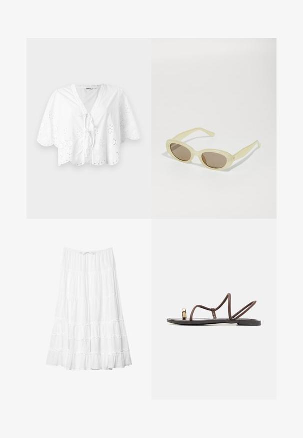 Weiße Bluse mit V-Ausschnitt, kurzen Ärmeln und gewelltem Saum. Mit Lochstickerei entlang der Kanten und einer Bindeschleife vorne.; Weißer, gestufter Rock mit Rüschendetails, elastischem Bund, knöchellang, aus leichtem Stoff, glatte Textur, keine sichtbaren Muster.; Braune flache Sandalen mit mehreren schmalen Riemen, einer Zehen-Schlaufe und einem goldfarbenen Akzent. Die Sohle ist flach und hat eine glatte Oberfläche.; Ovale Sonnenbrillen mit einem durchscheinenden, blassgelben Rahmen und braunen Gläsern. Verfügen über eine glatte Textur und subtile Hardware-Akzente an den Seiten.; Geflochtener Strohhandschuh in Halbmondform, mit strukturierter Oberfläche, beiger Farbe und dekorativem Quastenakzent. Goldene Hardware-Logodetail.