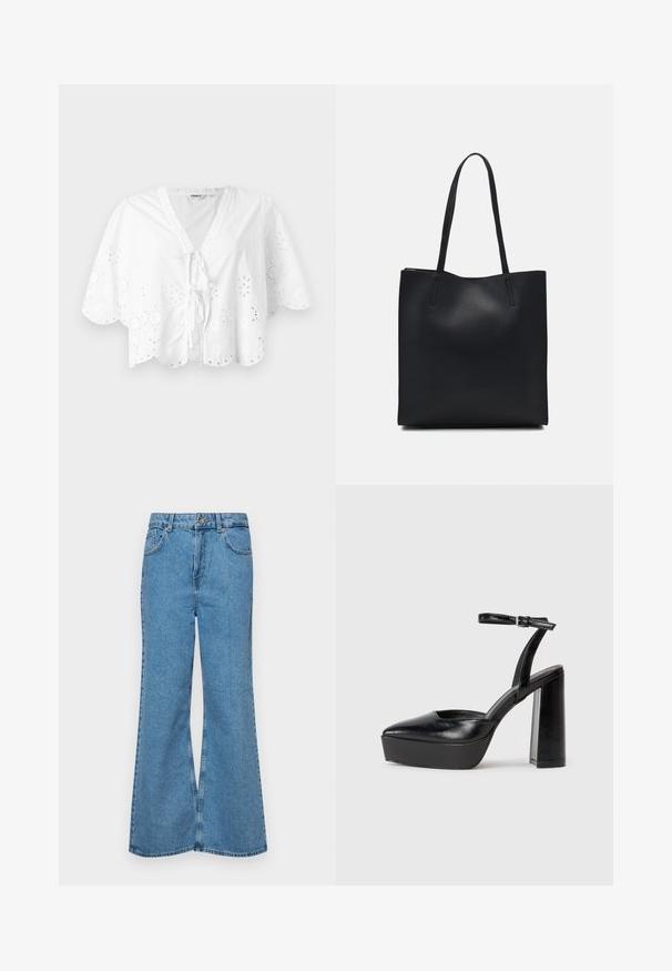 Blusa branca com decote em V, mangas curtas e barra com recortes em forma de ondas. Detalhe de bordado em ilhós ao longo das bordas, com fecho em laço na frente.; Jeans de brim azuis claros, com corte à boca de sino, apresentando uma cintura alta, cinco bolsos e um fecho de botão único. Textura macia com acabamento desbotado.; Saltos altos pretos com bico fino e atilho ajustável no tornozelo. Confeccionados em couro suave, apresentam um salto bloco robusto.; Bolsa tote preta em couro com textura lisa, forma retangular e duas alças longas. Sem hardware ou enfeites visíveis.