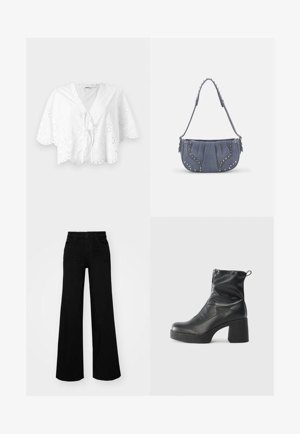 Balta bluzelė su V formos dekolte, trumpomis rankovėmis ir banguota apačia. Aplink kraštus yra akių siuvinėjimo detalės, o priekyje yra užrišamas užsegimas.; Juodos plačios kelnės iš denimo, turinčios struktūruotą juosmenį, diržo kilpas ir priekines kišenes. Lygus paviršius su klasikinio dizaino elementais.; Juodos kulkšninių botai, pagaminti iš lygaus odos, su šoniniu užtrauktuku, masyviu tekstūruotu kulnu ir apvaliu pirštu.; Denimo peties krepšys su raukšlėtu dizainu, mėlynos spalvos, sidabro spalvos studų akcentai palei kraštus ir tekstūruota petneša.