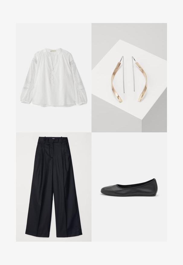 Vanessa Bruno NIPOA - Blusa - blanc; Pantalones de pierna ancha negros, confeccionados en una tela suave, con una cintura alta, pliegues y un diseño ajustado. Accesorios sencillos en negro en la cintura.; Bailarina de piel negra con punta redondeada, textura suave, detalle de costura minimalista y diseño de suela flexible.; Pendientes colgantes de oro y plata con una forma alargada y curvada. Acabado brillante con una textura suave y diseño minimalista.