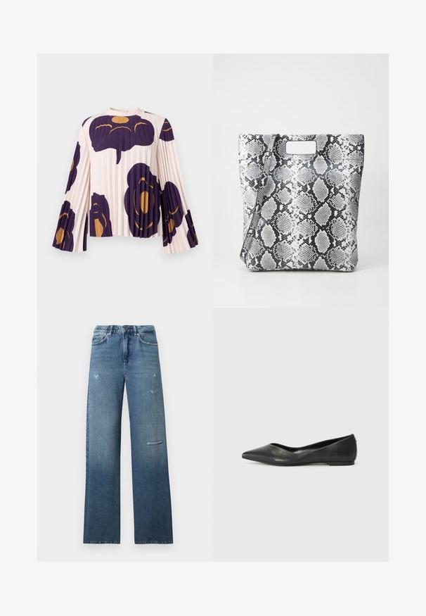 Blusa plissettata con maniche lunghe a campana in rosa chiaro, con grandi motivi floreali viola scuro e oro. Collo alto con chiusura a bottoni.; Jeans in denim blu con design a vestibilità dritta, dettagli usurati e orlo pulito. Il tessuto presenta un aspetto sfumato leggermente sbiadito.; Ballerine in pelle nera con punta affusolata, tacco basso e texture liscia. Design minimale con un sottile dettaglio laterale.; Borsa tote in stampa serpente bianco e nero con manico rettangolare, texture liscia e forma strutturata. Inclusa tracolla regolabile.