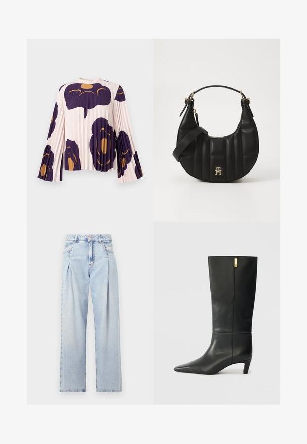 Hosszú, harang alakú, pliszézett ujjú, világos rózsaszín blúz nagy, sötétlila és arany virágmintákkal. Magas nyakú, gombos záródással.; Világoskék farmernadrág magas derekú, bő szabású, két oldalsó zsebbel és pliszírozott dizájnnal. Puha tapintású, elhalványított felület.; Fekete bőr, térd fölé érő csizma hegyes orral és kis sarokkal. Kifinomult dizájnja arany színű részletekkel bővül. Sima textúra.; Fekete bőrtáska ívelt formával, steppelt textúrával és arany hardware-rel. Levehető vállpánttal és logó részlettel rendelkezik.