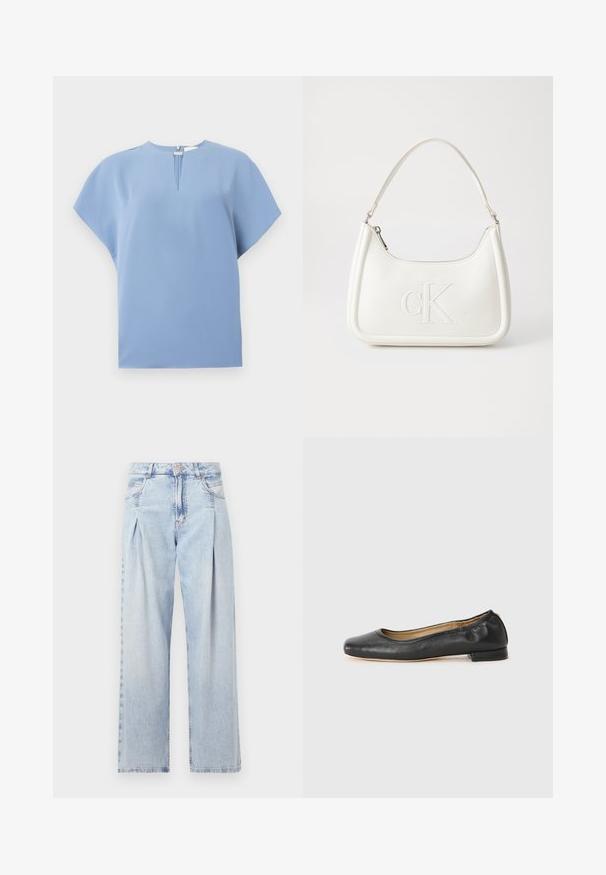 Vaaleansininen lyhythihainen toppi, jossa on pyöreä kaula-aukko, etupuolen poimu yksityiskohtana ja pehmeä, sileä kangas, jossa on minimaalinen ompelu.; Vaaleansiniset farkut, joissa on korkea vyötärö, leveälahkeinen leikkaus, kaksi sivutaskua ja pleatattu muotoilu. Pehmeä rakenne, jossa on haalistunut viimeistely.; Musta nahkainen ballerina-malli, jossa on pyöreä kärki ja vähäistä ompelua. Matalat, suorakaiteen muotoiset korot ja sileä pinta. Huomaamaton sisävuoren yksityiskohta.; Valkoinen nahkalaukku, jossa on kaareva muotoilu, etupuolella kohokuvioitu "CK" -logo ja yksi olkahihna. Vetoketjukiinnitys ylhäällä.