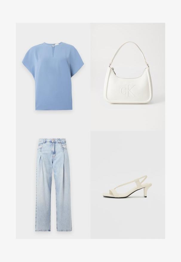 Helles blaues Kurzarmoberteil mit rundem Halsausschnitt, Vorderfalte und einem weichen, glatten Stoff mit minimaler Naht.; Helle blaue Denim-Jeans mit hoher Taille, weitem Beinschnitt, zwei seitlichen Taschen und gefaltetem Design. Weiche Textur mit einem ausgebleichten Finish.; Beige Blockabsatzsandalen mit dünnen Riemen und quadrater Spitze. Glattes Material mit minimalem Design, entworfen für einfaches Tragen.; Weiße Lederhandtasche mit abgerundeter Form, ausgestattet mit einem geprägten "CK"-Logo auf der Vorderseite und einem Einzel-Schultergurt. Reißverschluss oben.