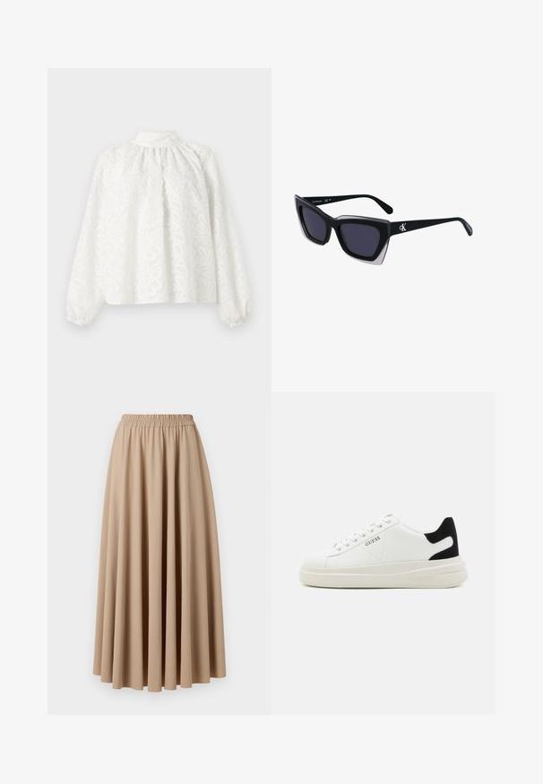 Hvid bluse med lange ærmer og høj hals, med indviklet blomsterbroderi og løs pasform. Manchetterne er rynkede og let puffede.; Beige maxinederdel med elastisk talje, fremstillet af blødt stof med et flydende, plisseret design. Glat overflade, ensfarvet.; Hvide lædersneakers med en tyk hvid sål, sort ruskindhælvægt og prægede logoer på siden. Snørebåndsdesign med seks øjer.; Store sorte oversized solbriller med geometrisk form, med mørke linser og en kontrasterende grå detalje på stellet. Logo på armen.