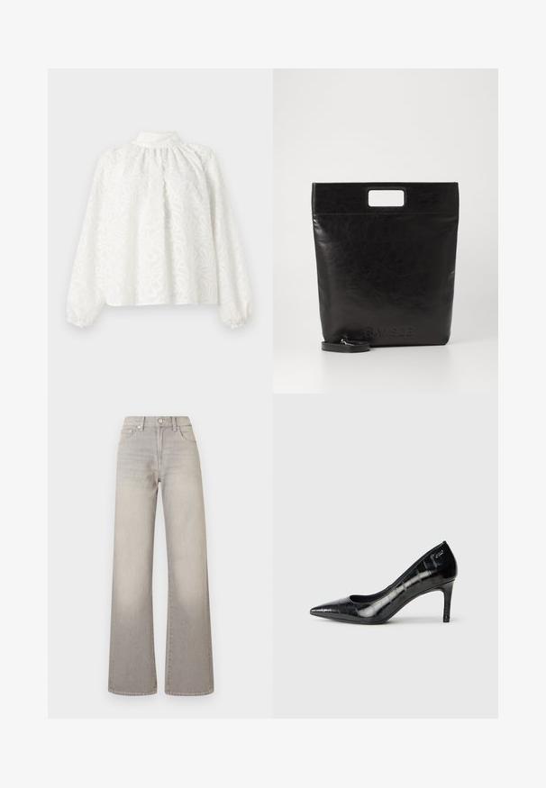 Hvid bluse med lange ærmer, høj hals og plisseringer. Har et blomsterbroderet mønster og samlede manchetter, lavet af tekstureret stof.; Grå vide ben jeans med en falmet finish, knaplukning, fem-lomme design og syede detaljer langs sømmene.; Sorte spidse højhælede sko med en glansfuld overflade og en subtil tekstureret mønster. Har en moderat hæl og åben hals design.; Sort læder tote bag med et firkantet håndtag, der har en tekstureret overflade og prægede logo. Indeholder en aftagelig rem.