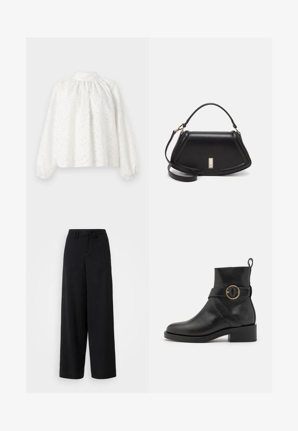 Weißes Blusenshirt mit langen Ärmeln, hohem Kragen und Falten. Verziert mit einem floralem Stickmuster und gerafften Bündchen, aus strukturiertem Stoff gefertigt.; Schwarze weite Hosen aus glattem Stoff, mit einem flachen Frontdesign, gefältelten Details und Gürtelschlaufen am Bündchen.; BOSS IRYNA BOOTIE - Plateaustiefelette - black; Schwarze Lederhandtasche mit einem strukturierten Design, das eine verkürzte Form, einen oberen Griff und goldfarbene Hardware-Details aufweist. Verstellbarer Schulterriemen ist enthalten.