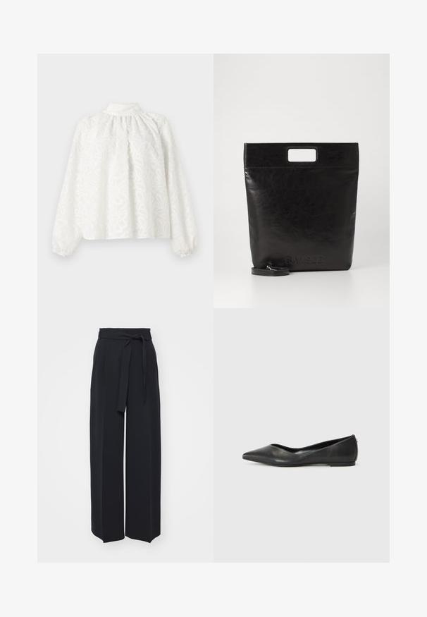 White long-sleeve blouse with a high collar, featuring intricate floral embroidery and a relaxed fit. Cuffs are gathered and slightly puffed.; Wide-leg black trousers made of soft fabric. Features a belted waistband and front pleats. Smooth texture with a clean, contemporary design.; Black leather ballet flat with a pointed toe, low heel, and smooth texture. Minimal design with a subtle side accent.; Black leather tote bag with a square handle, featuring a textured finish and embossed logo. Includes a detachable strap.
