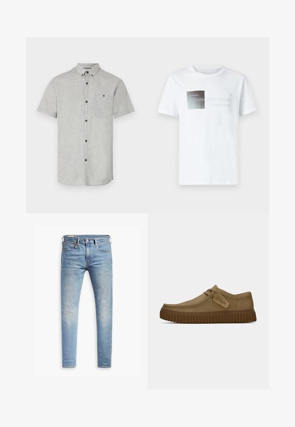 Rövid ujjú, fényes szürke szövetből készült ing, mellzsebbel és sötét gombokkal a kontraszt érdekében. Sima textúra finom mintával.; Fehér pamut rövid ujjú póló fekete és szürke grafikai kialakítással, szöveggel. Kerek nyakkivágás, laza fazon, sima textúra.; Világoskék, slim fit farmernadrág enyhe kopással a combokon, elöl gombos záródással, övbujtatókkal és öt zsebbel, fehér háttérrel.; Világosbarna velúr cipők, lekerekített orral, díszített varrással és bordás barna gumi talppal. Az oldalon található egy címke a "Clarks" logójával.