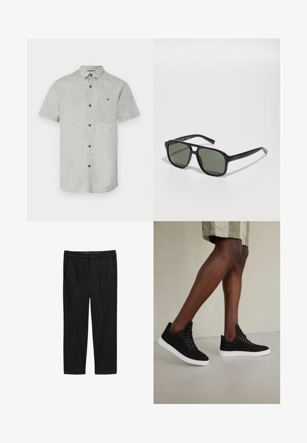Korte mouwen overhemd met knopen in lichtgrijze stof, met een borstzak en donkere knopen voor contrast. Glad textuur met een subtiel patroon.; Zwarte broek met een rechte snit, gemaakt van een gestructureerde stof. Voorzien van twee zijzakken en een knoopsluiting bij de taille.; Zwarte suède sneakers met witte rubberen zolen, voorzien van ronde veters, een laag model en een gladde textuur.; Zwarte rechthoekige zonnebril met groene lenzen, glanzend frame, metalen accenten en gouden logo-accent op de poot.