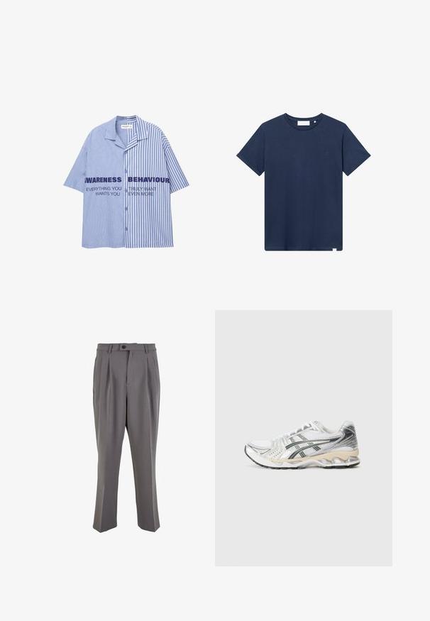 Blauw en wit gestreept overhemd met korte mouwen en knopen aan de voorkant, met opvallende tekst op de borst. Katoenen materiaal, relaxte pasvorm.; Navyblauwe katoenen t-shirt met een ronde hals, korte mouwen en een klein geborduurd logo op de linkerkant van de borst. Zachte textuur.; Grijze geplooide broek van gladde stof, met een rechte snit, een enkele knoopsluiting en riemlussen. Minimalistisch ontwerp.; Witte sportieve schoen met zilveren en zwarte accenten, bovenwerk van mesh, textuurdesign, gevoerde zool en een flexibele looppatroon.