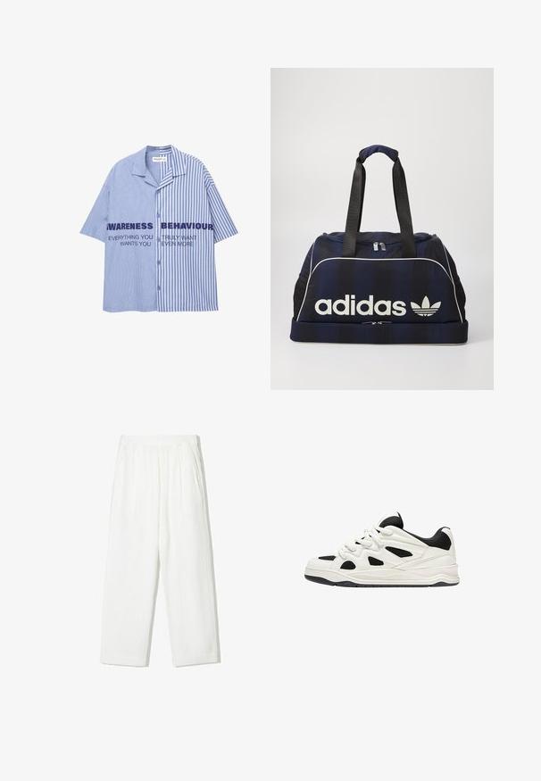 Modrá a bílá pruhovaná košile s krátkým rukávem a zapínáním na knoflíky, která má výrazný text přes hrudník. Bavlněný materiál, volný střih.; Bílé bavlněné tričko s krátkým rukávem a kulatým výstřihem. Na levé části hrudi je potištěný grafický motiv v červeném a černém textu.; Bílé kalhoty s širokými nohavicemi vyrobené z texturované tkaniny. Mají elastický pas a dvě boční kapsy. Uvolněný, volný střih.; Bílé a černé sportovní boty s texturovanou podrážkou, s výřezovými vzory na bocích a tkaničkami, a měkkým zadním dílem pro podporu.; Námořnická taška typu duffel s bílým logem Adidas, vybavená zipovým uzávěrem, dvěma pevnými černými madly a bočními síťovanými kapsami. Hladká textilie.