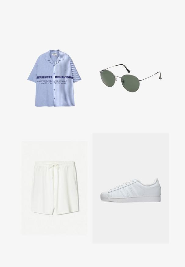 Hellblau-weißer gestreifter Kurzarmhemd mit Knopfleiste, auf dem Brustbereich mit fettem Text bedruckt. Aus Baumwollmaterial, legerer Schnitt.; Weißes kurzärmeliges T-Shirt aus weicher Baumwolle, mit rundem Ausschnitt und lockerer Passform sowie geradem Saum. Keine Muster oder Akzente sichtbar.; Weiße sportliche Shorts aus leichtem Stoff mit einem elastischen Bund und einem Kordelzug sowie seitlichen Taschen. Glatte Textur.; Weiße Ledersneaker mit einer strukturierten Gummi-Zehenkappe, drei seitlichen Streifen und einem gepolsterten Kragen. Flache weiße Schnürsenkel und ein minimalistisches Design.; Metallgestellte Sonnenbrille mit ovalen grünen Gläsern. Dünner silberner Metallrahmen und schwarze Ohrstücke. Minimalistisches Design, keine sichtbaren Logos.