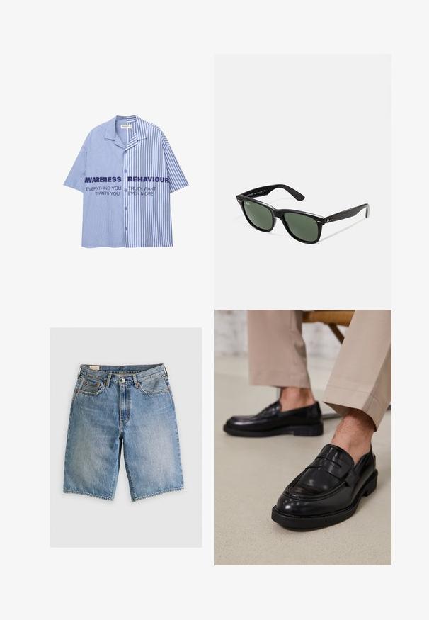 Plava i bijela prugasta majica kratkih rukava s prednjim gumbima, koja sadrži podebljani tekst preko prsnog dijela. Pamuk, ležeran kroj.; Traper šortsevi u svijetloplavoj boji s klasičnim krojem. Imaju pet džepova, naglašene narančaste šavove i rubove bez obruba.; Crne kožne mokasine s glatkom obradom, koje imaju dekorativnu traku i kontrastnu šav, u kombinaciji s bež hlačama.; Crne plastične sunčane naočale s zelenim staklima, kvadratni okviri, srebrni naglasak na obrvi i teksturirane ručke. Naziv brenda naveden na unutrašnjoj strani ručke.