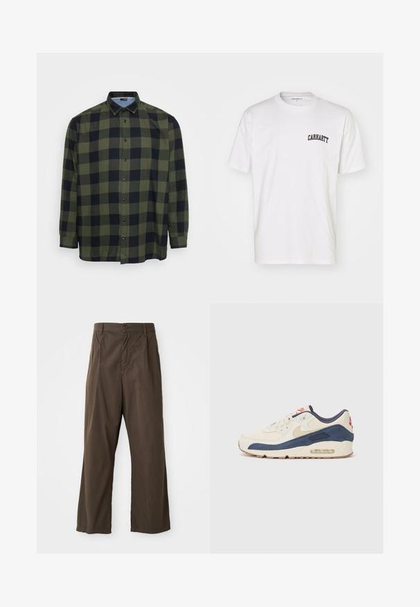 Groene en zwarte geblokte blouse met lange mouwen, knoopsluiting aan de voorkant en een klassieke kraag. Gemaakt van lichte stof met een zachte textuur.; Witte katoenen t-shirt met korte mouwen en een ronde hals. Bevat een zwart "Carhartt" logo gedrukt op het bovenste gedeelte van de linkerkant van de borst.; Bruine, wijde broek van katoen met een knoopsluiting aan de voorkant, ceintuurlussen en een gladde, matte textuur.; Sneakers met een crème leren en marineblauwe suède bovenkant, voorzien van een zichtbare luchtzool, beige rubberen buitenzool en een rode accent op de hiel.