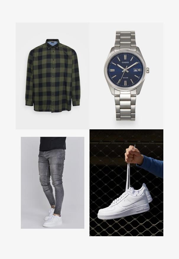 Zielono-czarna koszula w kratę z długim rękawem, z zapięciem na guziki z przodu oraz klasycznym kołnierzykiem. Wykonana z lekkiego materiału o gładkiej teksturze.; Wąskie dżinsy w wyblakłym szarym denimu, z przetarciami na kolanach, zestawione z białymi trampkami. Gładka faktura, fason dopasowany.; Białe skórzane sneakersy z perforacjami, okrągłym noskiem, płaską podeszwą i grubymi sznurówkami, z widocznym logo swoosh i napisem „AIR” na pięcie.; Srebrny zegarek na stalowej bransolecie z niebieską tarczą, metalowymi indeksami godzinowymi oraz okienkiem daty na godzinie 3. Wodoodporny do 50 metrów.