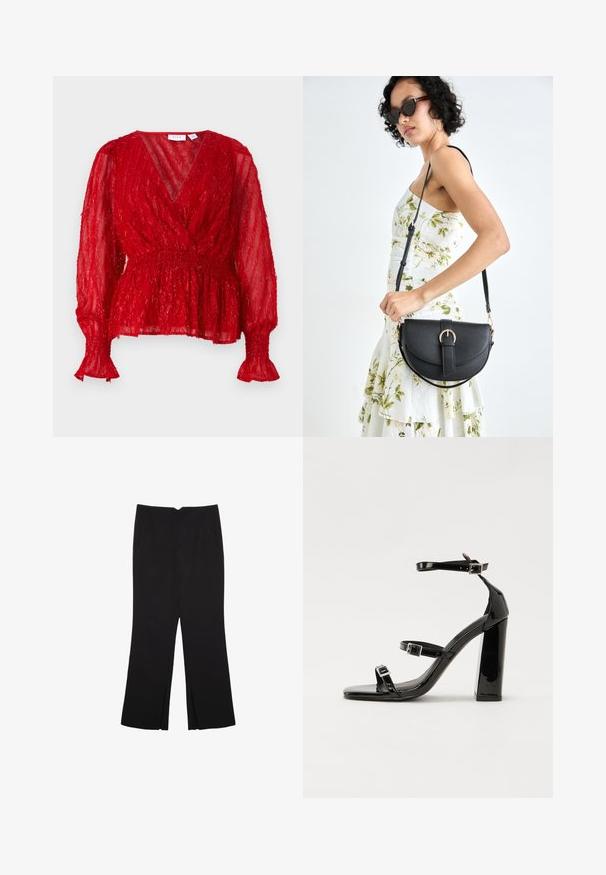 Rdeča prosojna bluza z teksturiranim, nabranim materialom. Ima dolge rokave z elastičnimi manšetami in V-izrez. V pasu je zožena.; Črne hlače ravnega kroja z naglavnimi žepi in stranskimi razporki na robu. Narejene iz mehke, gladke tkanine. Primerne za različne priložnosti.; Črne lakaste sandale z visokimi petami, z dvema trakovoma z zaponkama, kvadratnim sprednjim delom in masivno širšo peto, z gladko, sijočo teksturo.; Črna usnjena torbica s ukrivljeno obliko, z odstranljivo naramnico in zlatimi dodatki. Torbica ima pokrov s podrobnostmi v obliki zaponke.