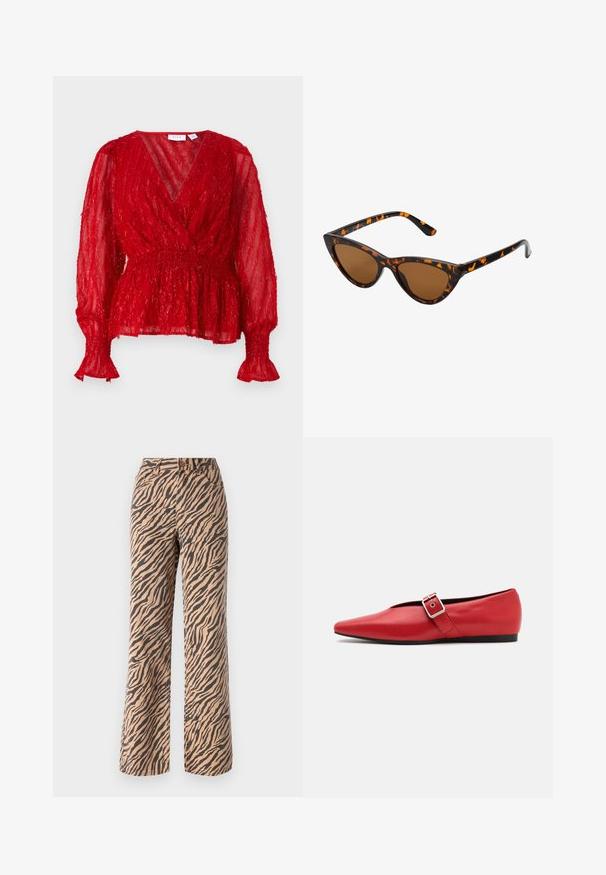 Rdeča prosojna bluza z teksturiranim, nabranim materialom. Ima dolge rokave z elastičnimi manšetami in V-izrez. V pasu je zožena.; Široke hlače z vzorcem tiger pruga v odtenkih rjave in črne barve, s standardnim pasom in petimi žepi.; Rdeče usnjene balerinke s koničastim nosom, z bočnim trakom z kovinsko sponko in nizko črno peto. Gladka tekstura po celotni površini.; Mačje oči sončna očala z okvirom v črno-oranžni želvej ohišji, rjavimi lečami in elegantnimi, ostrimi konicami. Imajo minimalistični logo na ročaju.