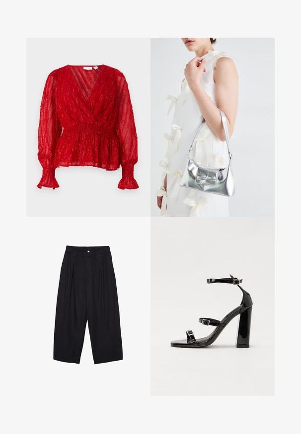 Rdeča prosojna bluza z teksturiranim, nabranim materialom. Ima dolge rokave z elastičnimi manšetami in V-izrez. V pasu je zožena.; Črne poliesterske culotte hlače z elastičnim pasom, dvema sprednjima nabiranjema in ohlapnim krojem. Brez vidnih vzorcev ali kovinskih detajlov.; Črne lakirane sandale s peto, kvadratnim prstom, trakovi okrog gležnja in srebrnimi zaponkami. Opremljene so s stabilno Debelo peto.; Srebrna metalna torbica z oblikovano strukturo, ki ima zgornji ročaj in detajl v obliki mašne spredaj. Gladka tekstura, z odsevnimi površinami.
