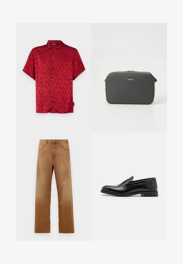 Camicia rossa a maniche corte con motivo leopardato, realizzata in materiale liscio. Presenta una chiusura con bottoni frontale e un design a colletto classico.; Jeans in denim marrone a gamba larga con vita alta, dotati di due tasche anteriori, chiusura con bottone e una sottile texture. Nessun motivo o dettaglio visibile.; Mocassini neri in pelle con una texture liscia, punta arrotondata e una striscia decorativa sulla tomaia. Tacco basso impilato, design minimalista.; Borsa a tracolla rettangolare nera con texture, dotata di doppia cerniera argentata e piccolo logo "Sandro" centrato sul fronte.