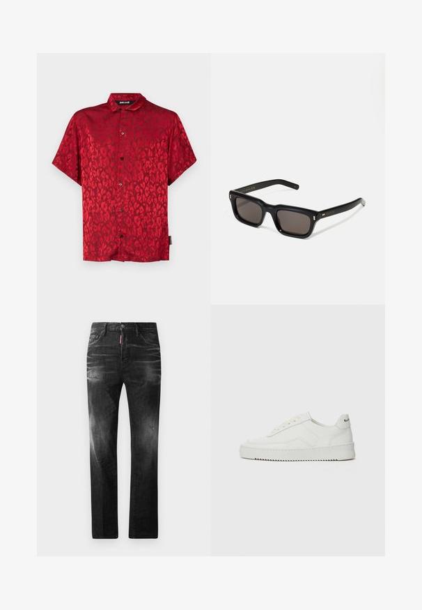 Röd kortärmad skjorta med leopardmönster, tillverkad av ett slätt material. Har knäppning fram och en klassisk kragdesign.; Svarta denimjeans med rak passform. Har blekta områden, mindre slitningar, klassisk femficksdesign och knäppning med knapp.; Vita lädersneakers med en jämn yta, rund tå, platta snörningar och en strukturerad sula. Har en diskret logotyp på hälen.; Svarta rektangulära solglasögon med mörka linser, tjock plastbåge, guldfinish på skalmarna och varumärkeslogotyp graverad på armen.