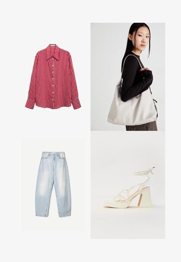 Crvena i bijela prugasta košulja dugih rukava s dugim ovratnikom i kopčanjem. Ima široke manžete na krajevima rukava.; Svijetloplave traperice s širokim krojem, s izblijedjelim završetkom, dva prednja džepa i dugmetom za zatvaranje na struku.; Bijela sandala na visokoj potpetici s debelim petom, s remenom i vezanjem oko gležnja. Glatka tekstura s platformom sprijeda za dodatnu visinu.; Bežna torba od mekog materijala s opuštenim dizajnom, šivanim detaljima i dva remena za rame. Pogodna za svakodnevnu upotrebu.