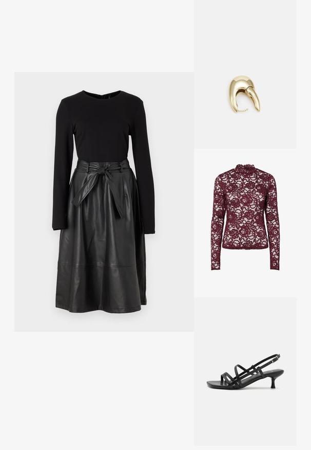 Burgunderfarget blonde topp med lange ermer og høy hals, som har blomstermønstre og en gjennomsiktig, teksturert finish over hele.; Svart langermet topp kombinert med et svart faux skinnskjørt, med en knyttet midje og en glatt, blank tekstur.; Svarte hæl sandaler med flere krysset remmer. Glatt materiale, spiss tå og smal hæl. Justerbar ankelrem med spenne.; Gullfarget metalløredobber med et elegant, buet design. Har en karakteristisk spiss form, polert overflate og hengsel-lukking.