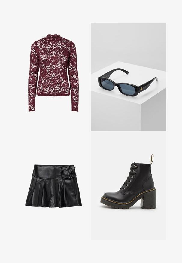 Kreminiai ilgos rankovės marškiniai su aukštu kaklu, dekoruoti gėlių raštais ir skaidriu, tekstūriniu paviršiumi.; Juodas odinis sijonas su kiekiais, platus liemuo ir dvi sagties detalės šone. Lygi tekstūra su blizgiu paviršiumi.; Juodos odinės kulkšninių botų su masyviu aukštu kulnu, raištelių uždarymu, metaliniais akies ir geltonais siūlais aplink pado kraštą. Grubus gumos padas.; Juodos stačiakampės saulės akinios su tonuotais mėlynais objektyvais, storais rėmeliais ir auksiniu apvaliu akcentu šone. Glotni, blizganti apdaila.; Bordo rankinė, pagaminta iš sintetinių medžiagų, su struktūrizuotu dizainu, turinti nuimamą dirželį ir gėlių raštą turinčią skarą, pririštą prie rankenos.