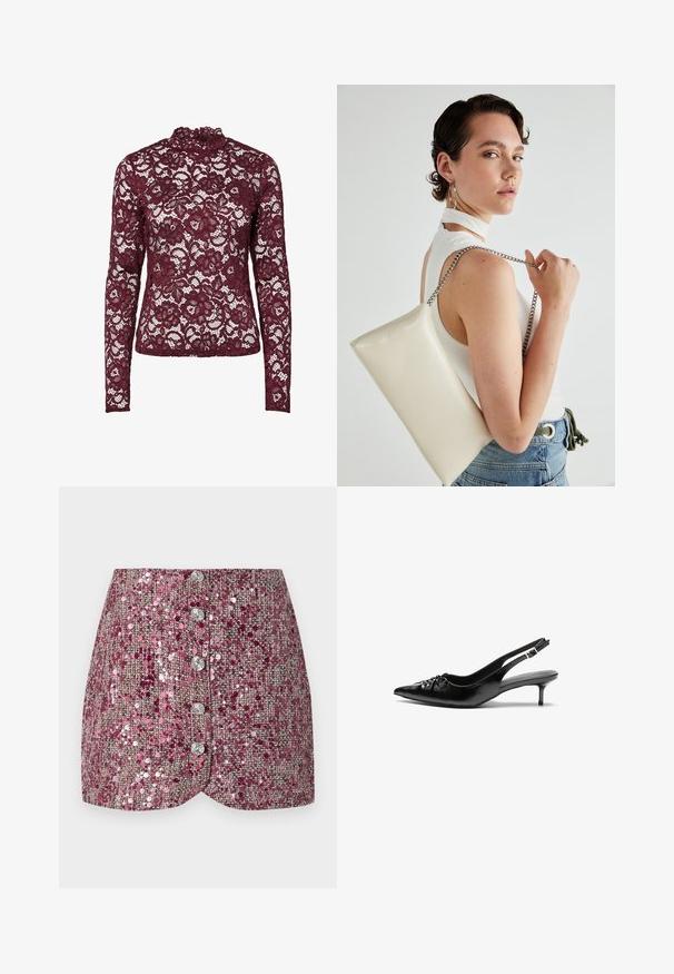 Top de encaje burdeos de manga larga con cuello alto, que presenta patrones florales y un acabado transparente y texturizado en toda su superficie.; Falda de lentejuelas rosas con un tejido texturizado, que presenta un diseño ajustado y cinco botones plateados en la parte delantera. Dobladillo moldeado y detalles brillantes.; Tacones slingback de cuero negro con punta afilada, pequeño tacón kitten y un detalle de nudo decorativo en la parte frontal. Textura suave en toda la superficie.; Bolso de mano rectangular blanco, hecho de un material brillante, con una cadena plateada. La modelo posa, mostrando el bolso frente a un fondo liso.